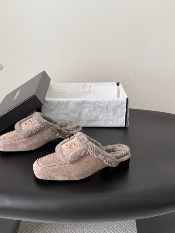 CC 26S Shearling Trim Mules Grey Gold Suede 127803