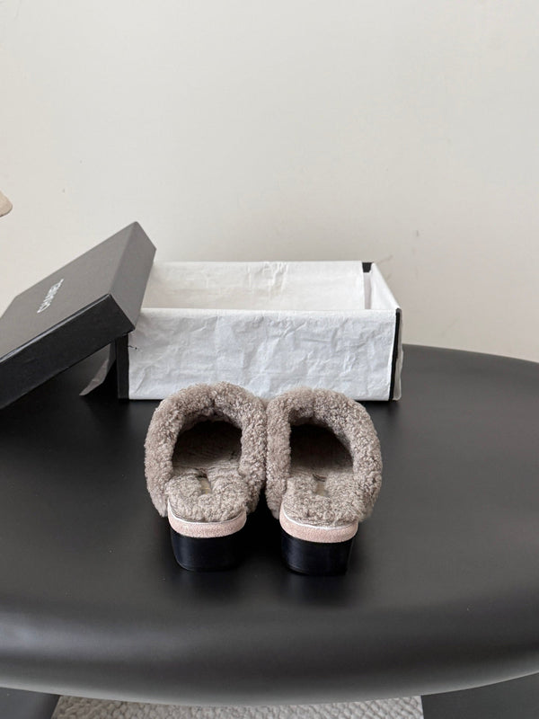 CC 26S Shearling Trim Mules Grey Gold Suede 127803
