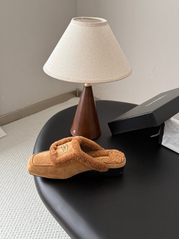 CC 26S Shearling Trim Mules Brown Gold Suede 127804