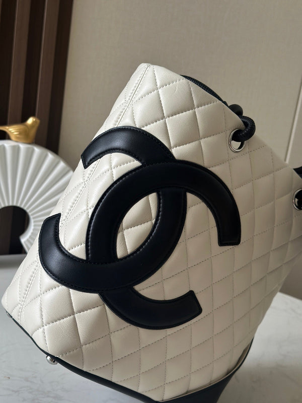CC 25s Cambon Ligne Tote Bag 24cm In White Mix Black Calfskin