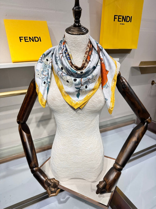 Fendi Gardening Foulard Scarf 90x90 Yellow Colorful Silk Twill 204004