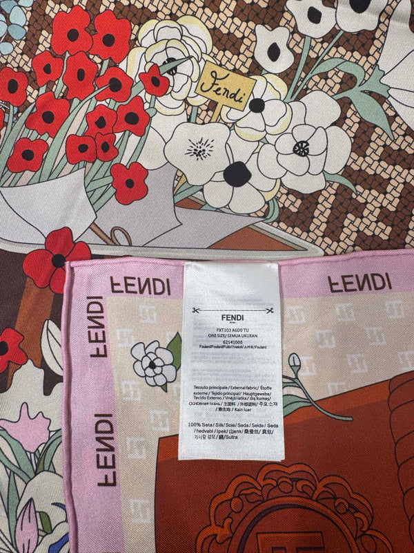 Fendi Gardening Foulard Scarf 90x90 Pink Colorful Silk Twill 204007