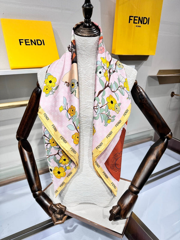 Fendi Gardening Foulard Scarf 90x90 White Colorful Silk Twill 204010