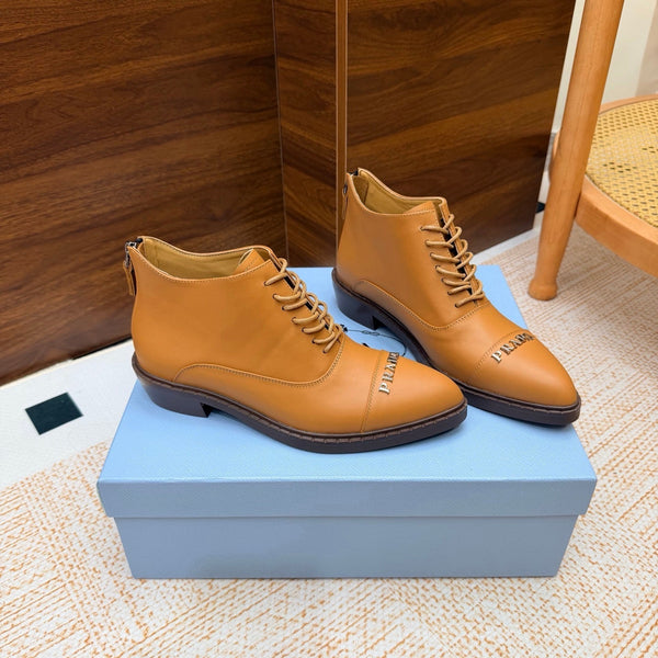 Prad 26s Pointed-Toe Derby Shoes Camel Leather 974553