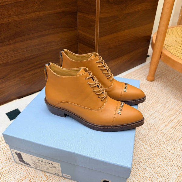 Prad 26s Pointed-Toe Derby Shoes Camel Leather 974553