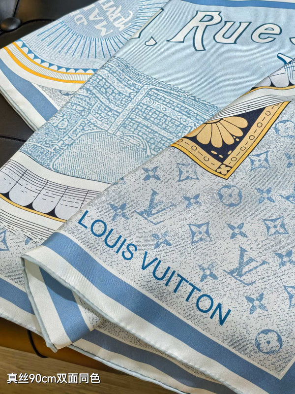 LV Double-sided Scarf 90cm Turquoise Twill Silk 136588