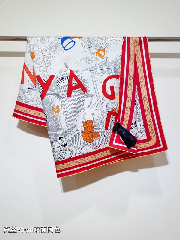 LV Double-sided Scarf 90cm Red White Twill Silk 136592