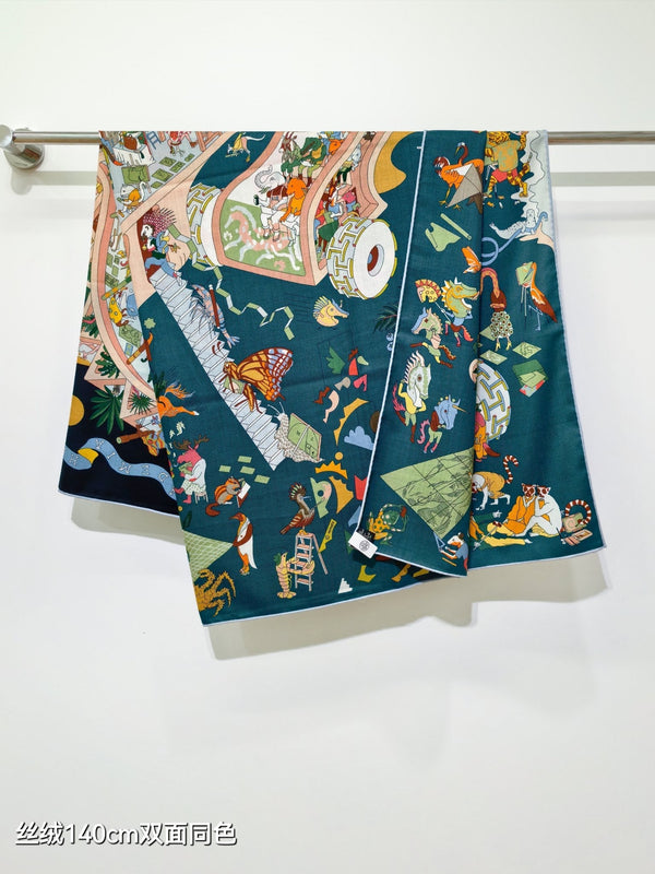 HM Double-sided Scarf 140cm Teal Green Cashmere Silk 136606