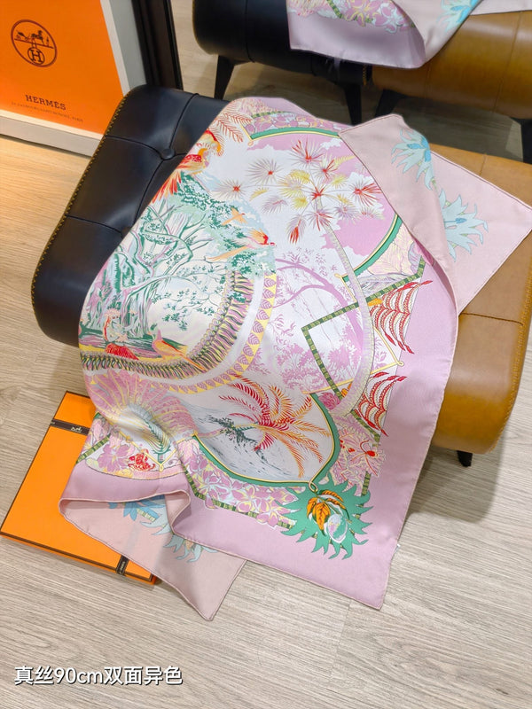 HM 26s Aloha Double Face 90x90cm Scarf Twill Silk 402754