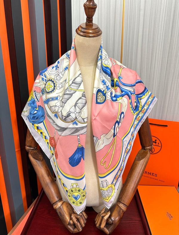 Carré Harnais De Cœur Scarf 90 CM In Pink Colorful Silk 306471