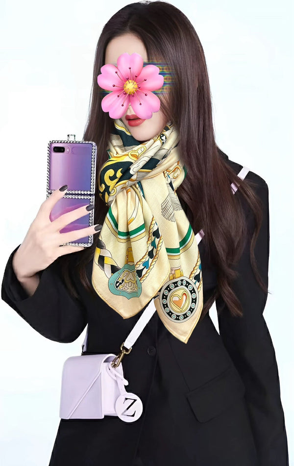HM 25s Scarf 140cm Beige Blue Cashmere Silk 965624