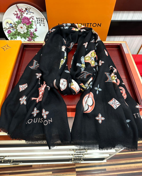 LV Long Scarf 200cm Black Pink Yellow Cashmere 967316