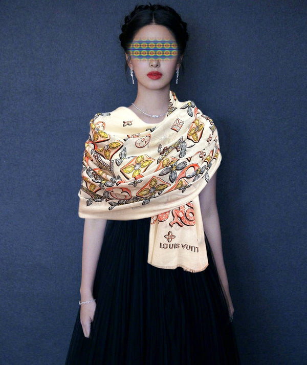 LV Long Scarf 200cm White Pink Yellow Cashmere 967317