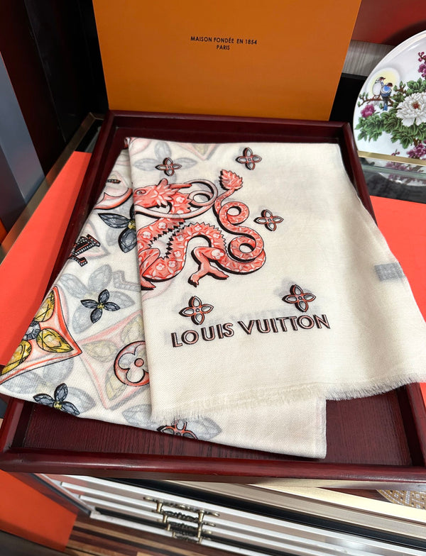 LV Long Scarf 200cm White Pink Yellow Cashmere 967317