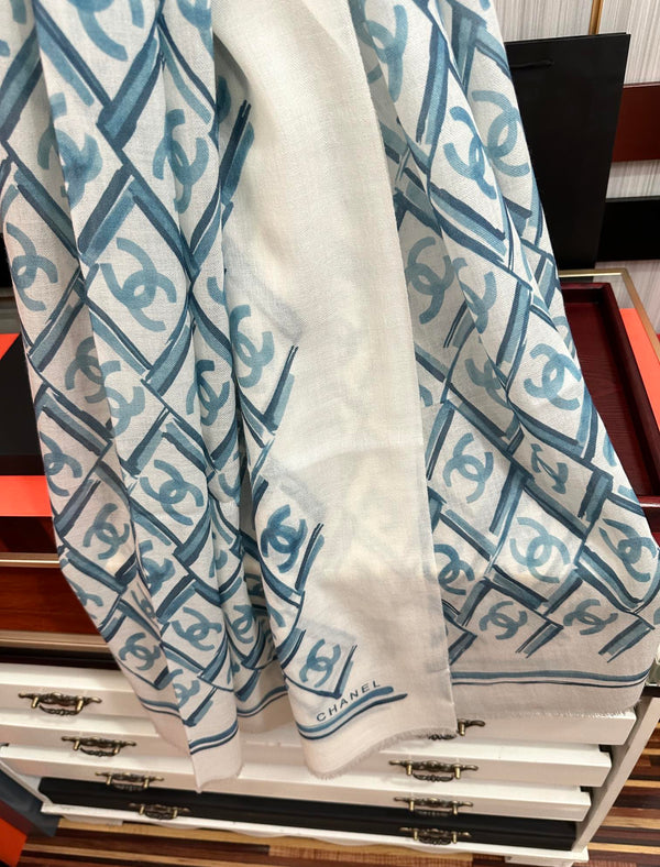 LV Latest Style Scarf 200cm White Blue Cashmere 970872