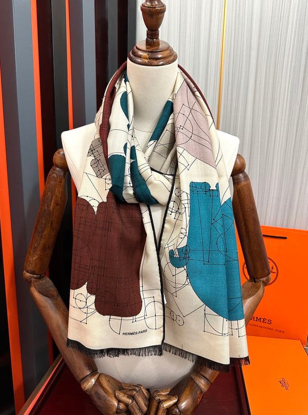 HM 25s Scarf 185 Blue Brown Creams Cashmere 976447