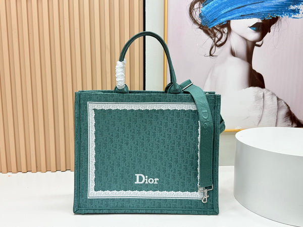 CD Dioramour Book Tote Teal Green Dior Oblique Embroidery with White Lace