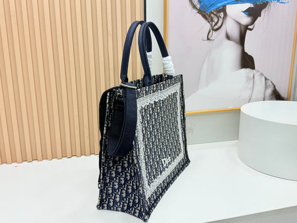 CD Book Tote Blue Dior Oblique Embroidery and White Lace