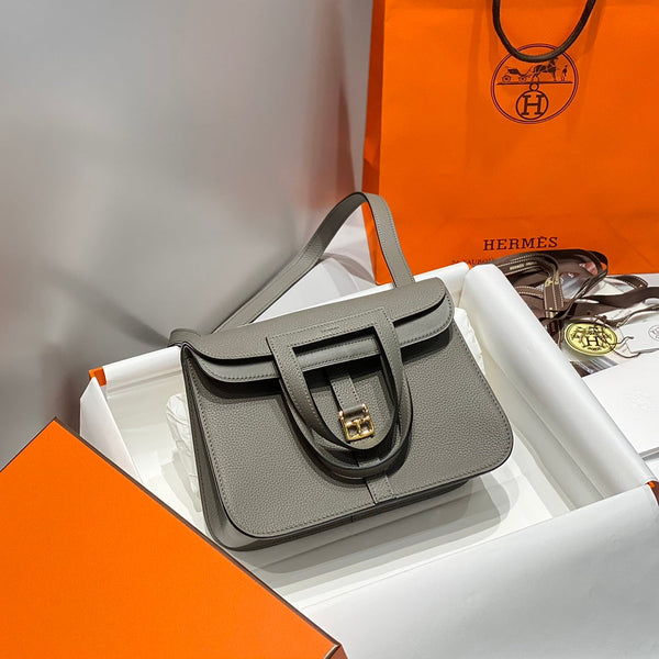 HALZAN 25 HANDLE BAG IN GREY GRAINED CALFSKIN
