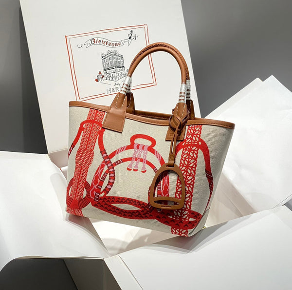 STEEPLE 28 BAG IN OFF-WHITE MIX RED CANVAS AND BROWN CALFSKIN