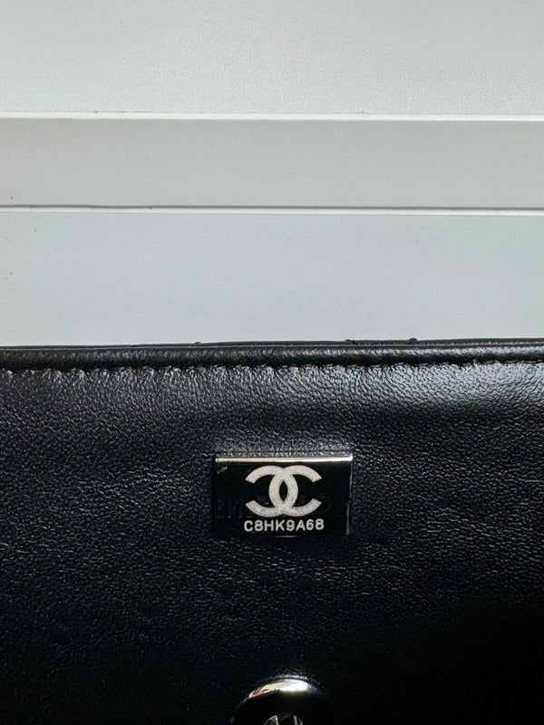 24c mini flap bag 20cm with top handle black calfskin silver hardware