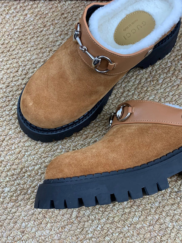 Gucci FW 25 Horsebit Suede Clog Camel Suede with Shearling 506444