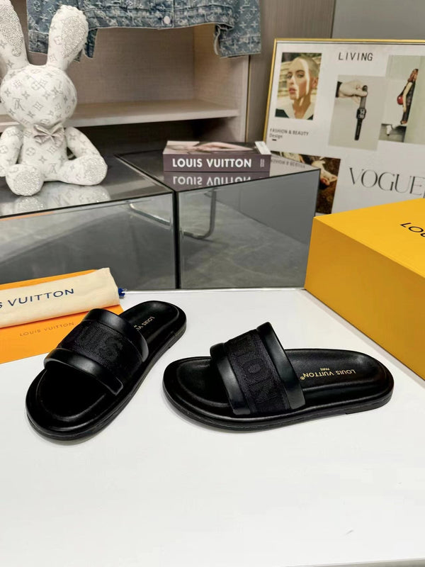 lv bliss flat mule black canvas calfskin