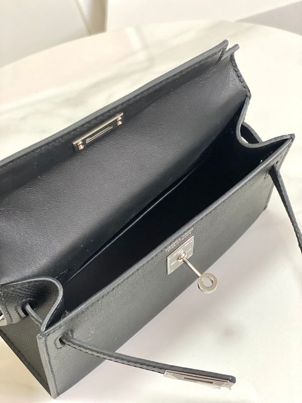 HM Mini Kelly 19cm Black Epsom Silver Hardware