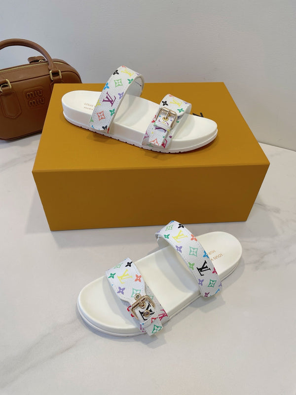 Bom Dia Flat Comfort Mule White and Multicolored Monogram Canvas 241334