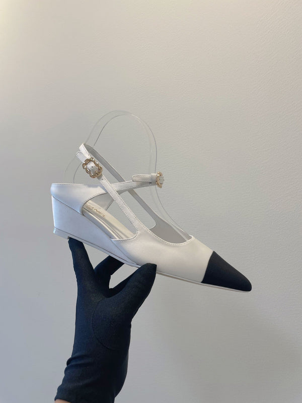 CC 26s T-Strap Slingbacks Black White Satin 941623