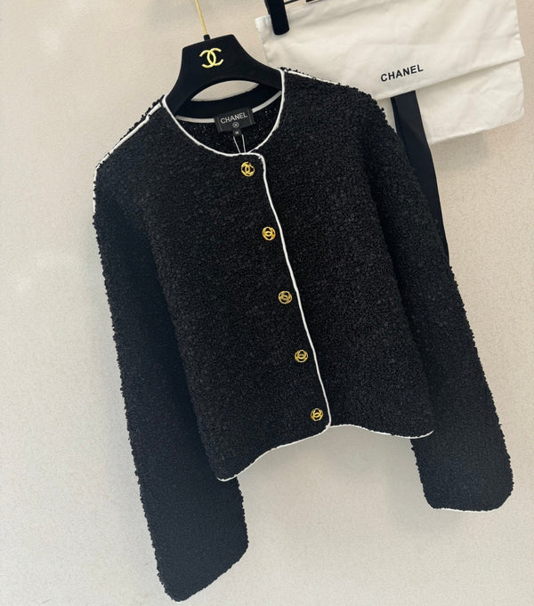 CC 26s Neck Long Sleeved Cardigan Black Tweed 364286