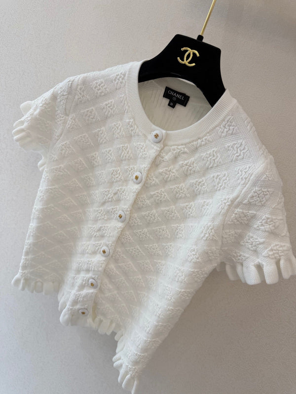 CC Crew Neck Short-Sleeved Cardigan White Cotton Silk 394834