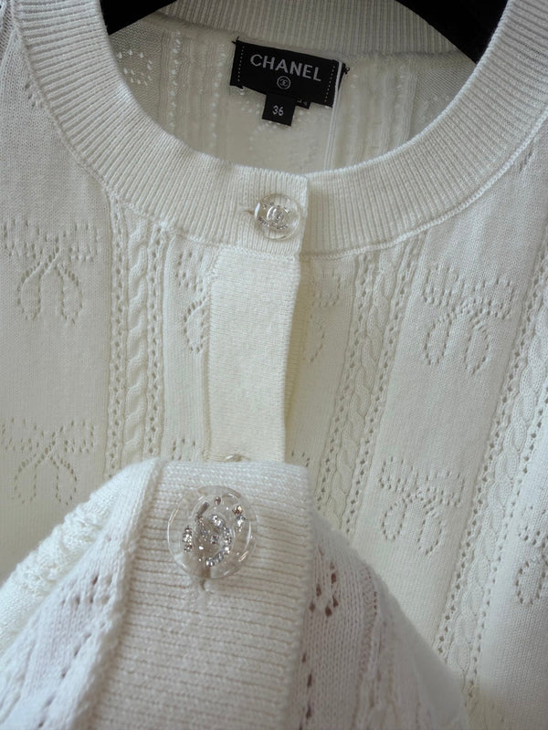 CC Crew Neck Short-Sleeved Cardigan White Cotton Silk 394825