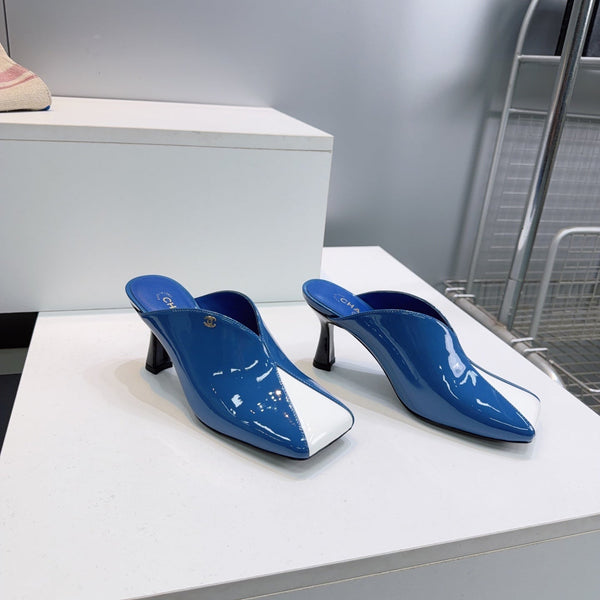 CC Fall 2026 Square Toe High-Heeled Sandals 7cm White Blue Patent Leather