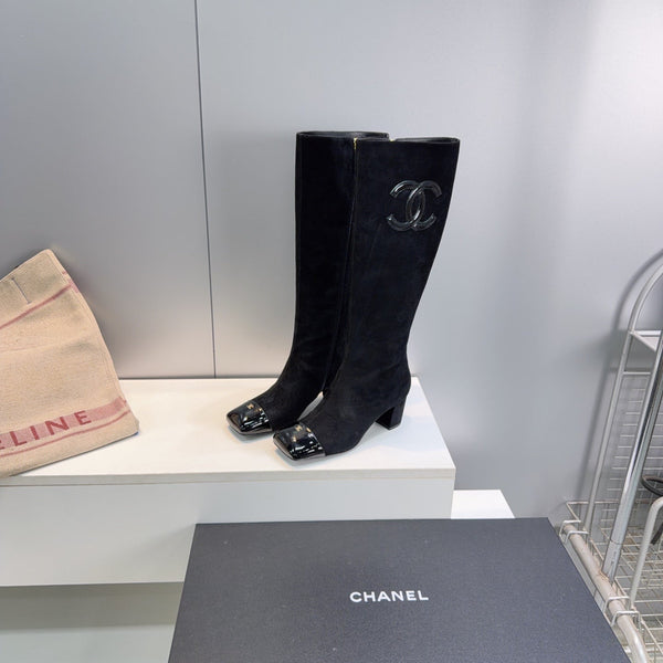 CC 26s Cap-Toe Knee-High Boots 4.5cm Black Stretch Suede 966839