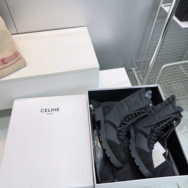 CE 26s Triomphe Lace-Up Combat Boots Black Suede Leather 107299