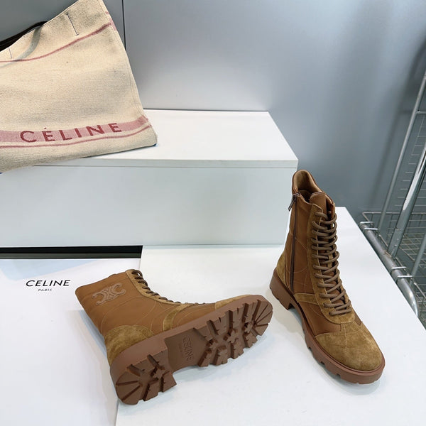 CE 26s Triomphe Lace-Up Combat Boots Tan Suede Leather 107300