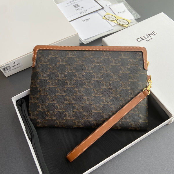 TRIOMPHE Celine Print Small Pouch Tan Cowhide&Canvas