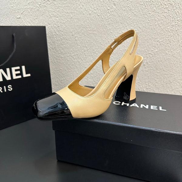 CC Slingback Block Heel Beige Black Leather 864113