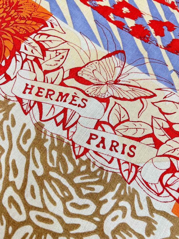 Jungle Love Stamped Scarf 140 CM In Orange Colorful Cashmere And Silk 210985