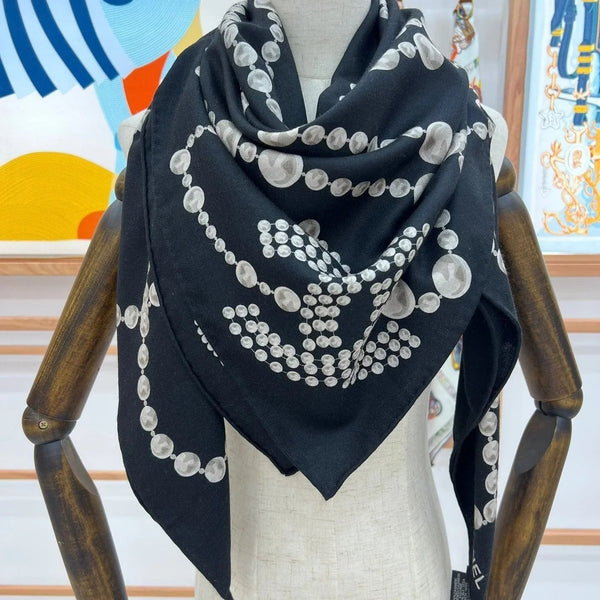CC SQUARE SCARF 140 CM IN BLACK WHITE CASHMERE AND SILK 264126