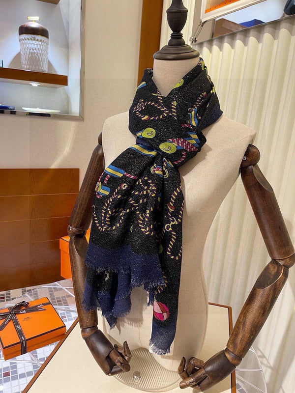 Scarf 200 CM In Black Colorful Cashmere Silk 264152
