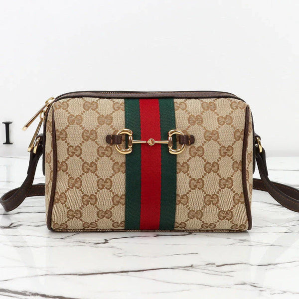 GG 2026 Horsebit Web Camera Bag 22cm Sand mix Brown Canvas Leather