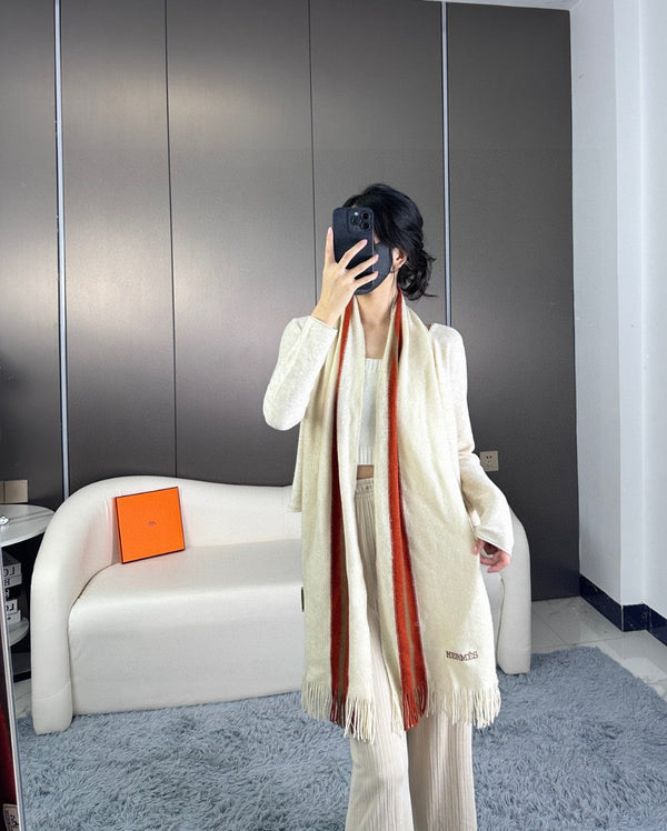 Scarf 180 CM In White Mix Red Khaki Green Cashmere 401086