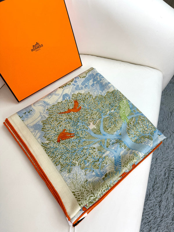 Square Scarf 135CM In Light Blue Colorful Cashmere And Silk