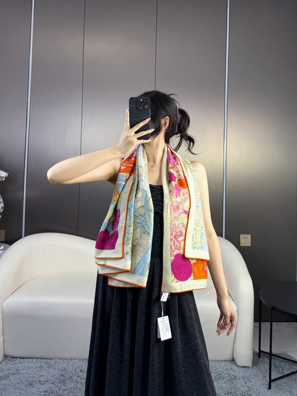 Retour A La Nature Shawl 135CM In Light Blue Colorful Cashmere And Silk