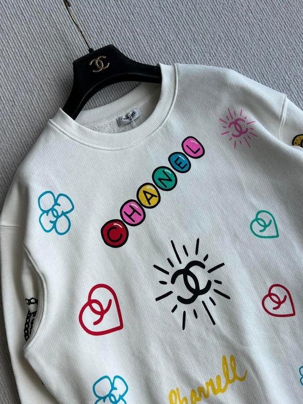 Chanel 25 Graffiti Crew Neck Sweatshirt White Cotton 312092