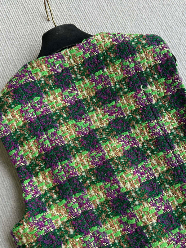Chanel 2025 Plaid Tweed Vest Jacket Green Wool Polyester 325377