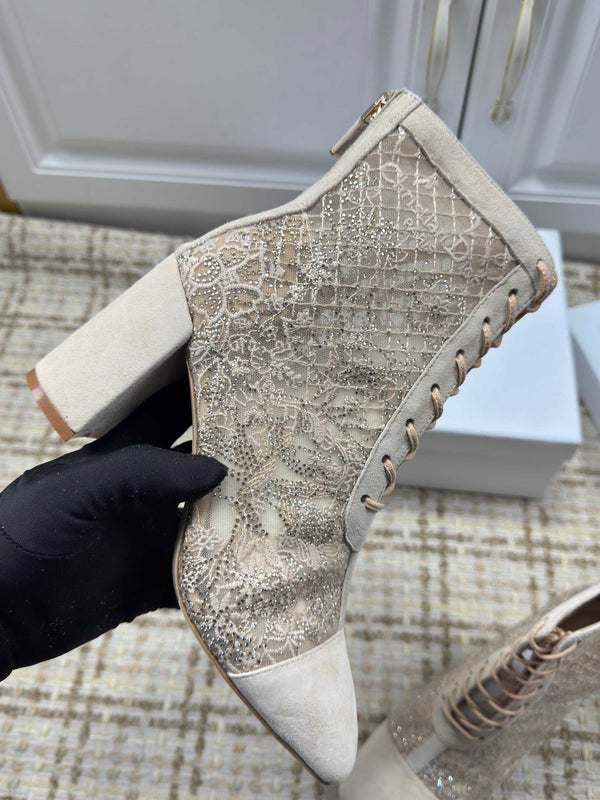 CD 26s Lace Up Ankle Boots 35mm In Beige Lace Suede Block Heel