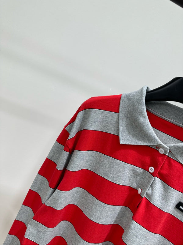 Miu 26s Striped Jersey Polo Shirt Red Gray Cotton 349696